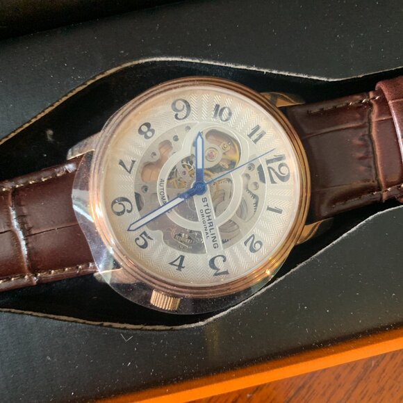 Stuhrling Skeleton Automatic Men’s Watch w/ Box – Rose Gold & Brown Leather - Picture 2 of 7